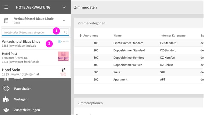 Zimmerdaten – Hotelauswahlmenü ausgeklappt – 1