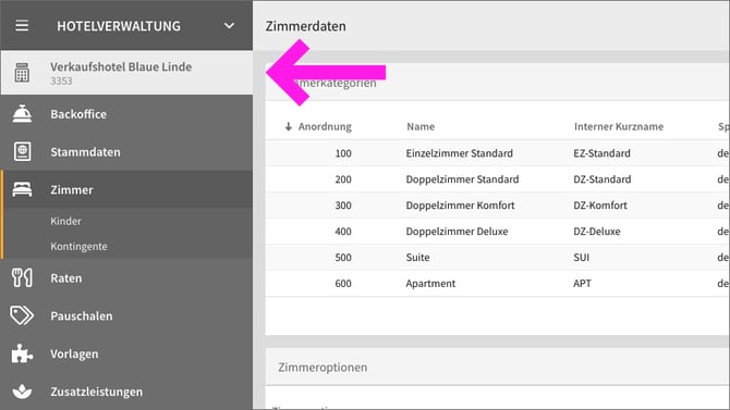 Zimmerdaten – Hotelauswahlmenü eingeklappt