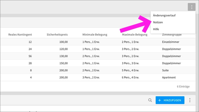 Zimmerdaten – Seitenmenü – 1