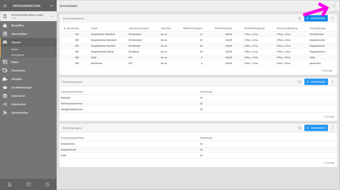 Zimmerdaten – Seitenmenü
